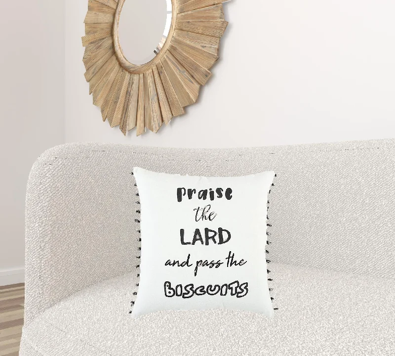 Firm Pillows for Side SleepersBlack and White Praise The Lard Tasseled Throw Pillow