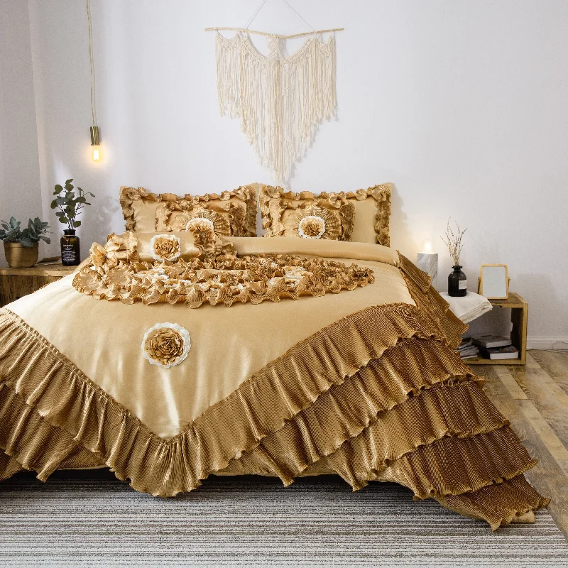 Synthetic - filled comforters like polyester for affordability and hypoallergenic propertiesTache Satin Ruffle Floral Gold Caramel Latte Comforter (BM4578) Synthetic - filled comforters like polyester for affordability and hypoallergenic propertiesTache Satin Ruffle Floral Gold Caramel Latte Comforter (BM4578)