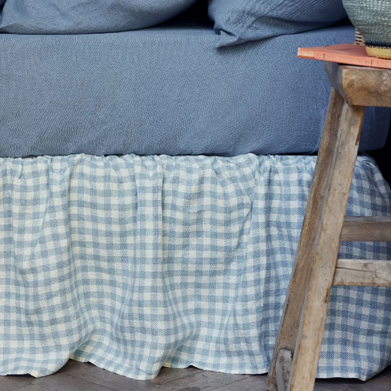 Velvet bed skirts for a luxurious and elegant appearanceWarm Blue Gingham Linen Blend Bed Skirt Velvet bed skirts for a luxurious and elegant appearanceWarm Blue Gingham Linen Blend Bed Skirt