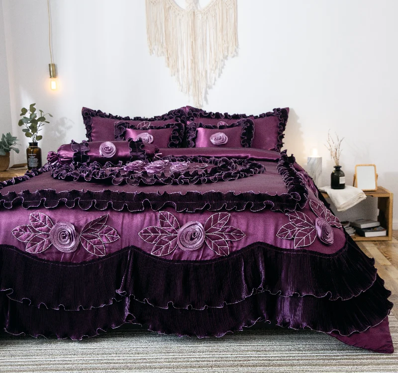 Duck down comforters with a softer feel and good warmth retentionTache Satin Ruffle Dark Purple Floral Midnight Bloom Comforter (BM-6438) Duck down comforters with a softer feel and good warmth retentionTache Satin Ruffle Dark Purple Floral Midnight Bloom Comforter (BM-6438)