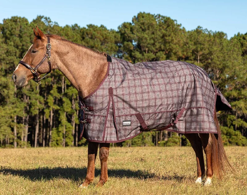 Mohair blankets with a unique sheen and softnessJeffers Poplar Head Origin 600 Denier Turnout Blanket, 0 Gram, Espresso and Wine Plaid
