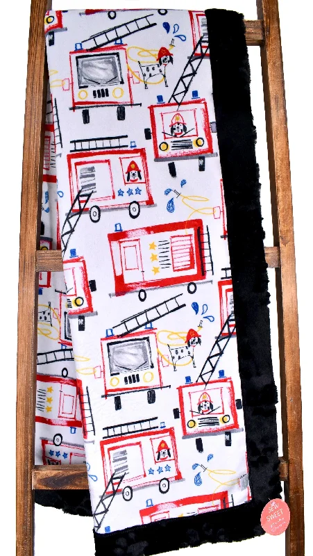 Bamboo fiber blankets with natural antibacterial propertiesPups on Trucks Firetruck Print / Paws Black - XL Snuggler Minky Blanket
